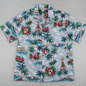 Evergreen Island Hawaiian Shirt Mens Size L Gray Polyester Palms Boats Vintage